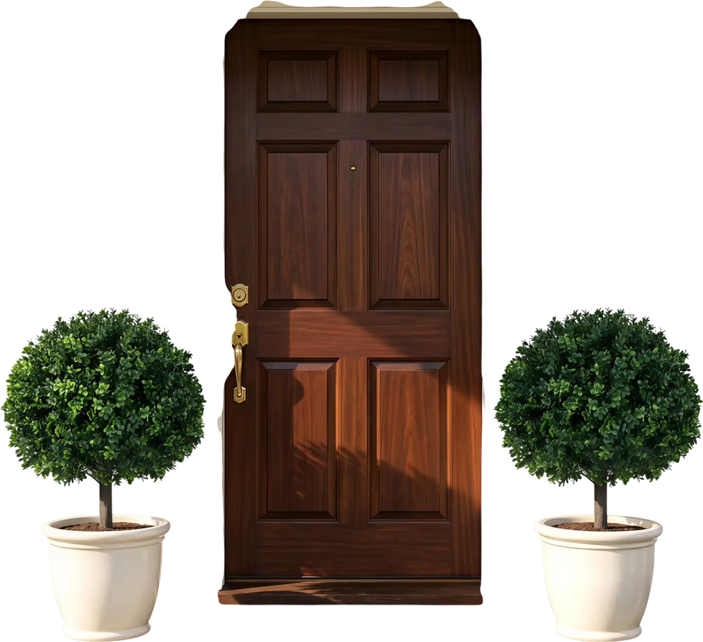 Two 27" artificial boxwood topiary trees in decorative planters, perfect for enhancing porches and patios.