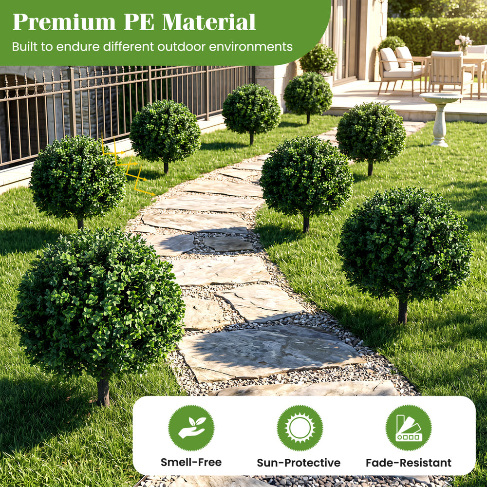 27" artificial boxwood topiary trees set of 2 with ground spikes, perfect for enhancing patios and outdoor spaces.