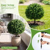 27" artificial boxwood topiary tree with dense foliage and sturdy ground spikes, perfect for porches and patios.
