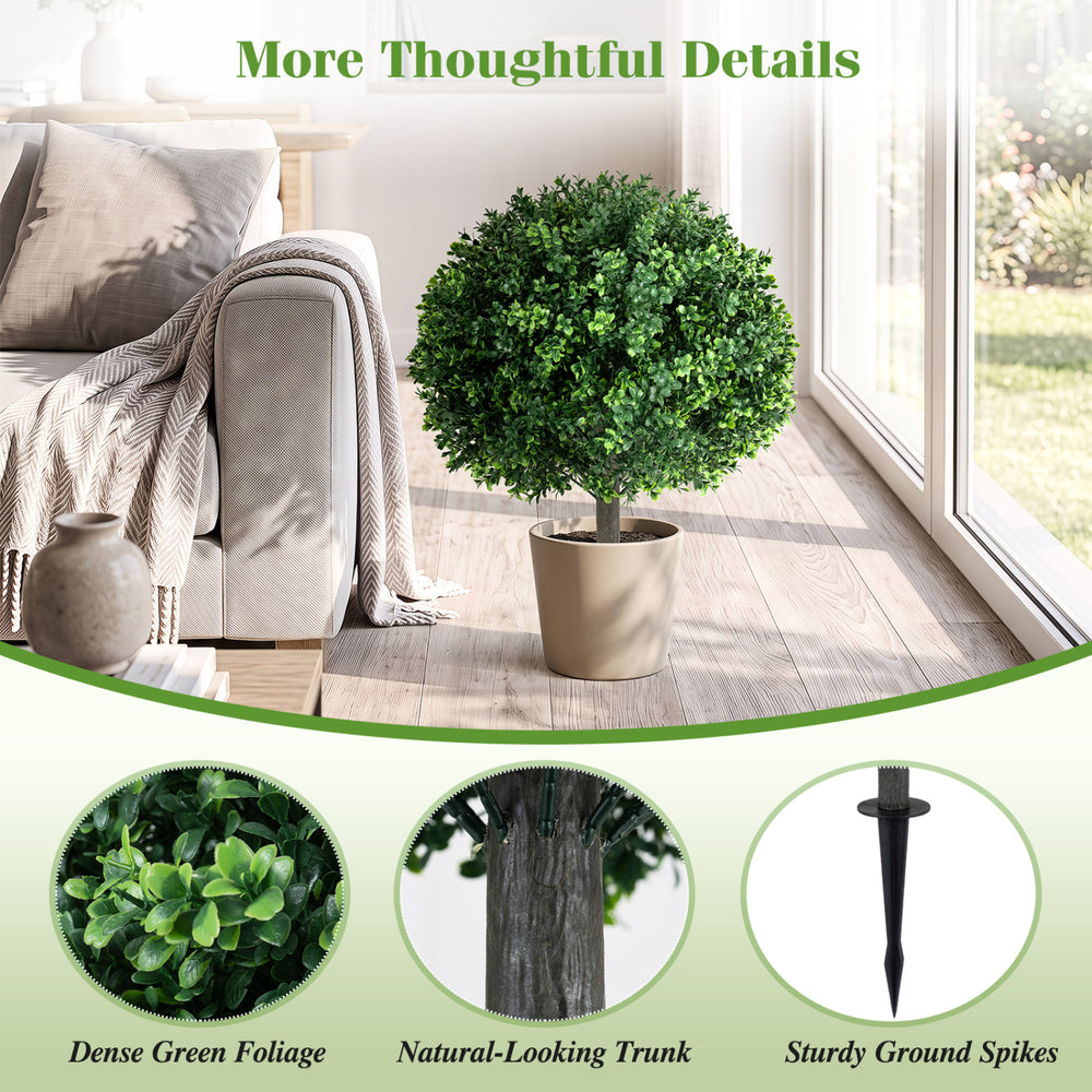 27" artificial boxwood topiary tree with dense green foliage and sturdy ground spikes, ideal for porch and patio decoration.