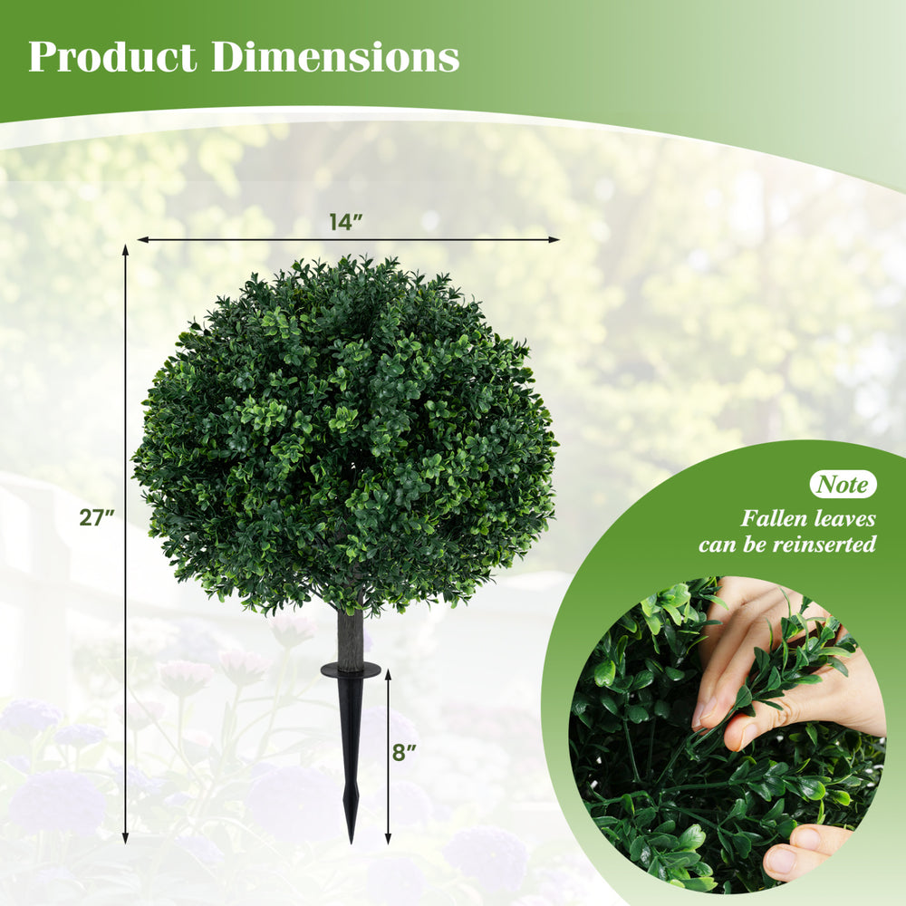 27-inch artificial boxwood topiary tree with dense foliage and ground spike for secure outdoor placement and decoration.