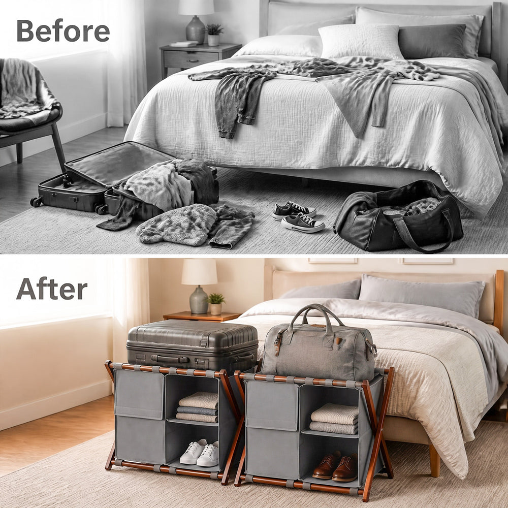 Bamboo luggage rack with 5 nylon straps and compartments, ideal for storing up to 28-inch luggage in guest rooms.