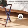 Bamboo luggage rack with painted structure and 5 nylon straps, supports up to 155 lbs for convenient storage.