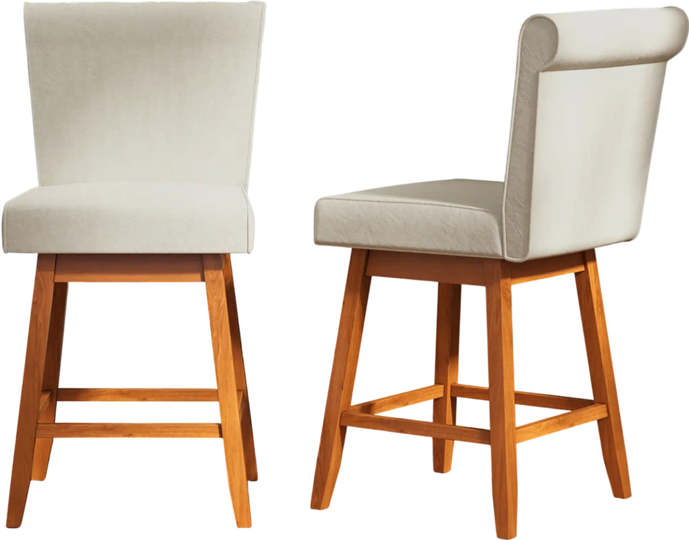 Counter height bar chairs set of 2 in beige with rubber wood legs, ideal for kitchen or dining room use.