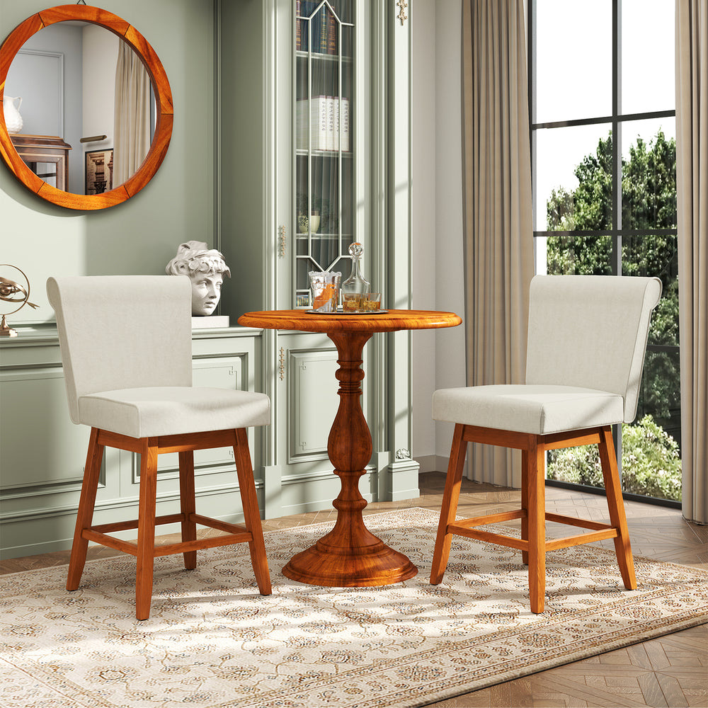 Set of 2 beige counter height bar chairs with rubber wood legs, featuring a 360° swivel design for versatile seating.