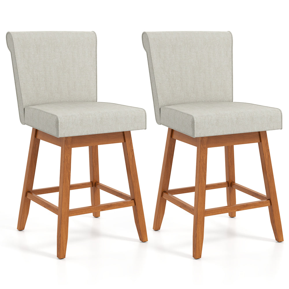 Set of 2 beige counter height bar chairs with rubber wood legs, featuring a thick cushion and ergonomic backrest for.