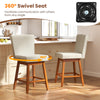 Beige 27-inch counter height bar chair with rubber wood legs, featuring a 360° swivel seat for versatile seating.