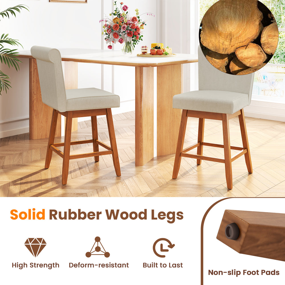 27-inch counter height bar chairs with solid rubber wood legs in beige, featuring a swivel design and ergonomic.