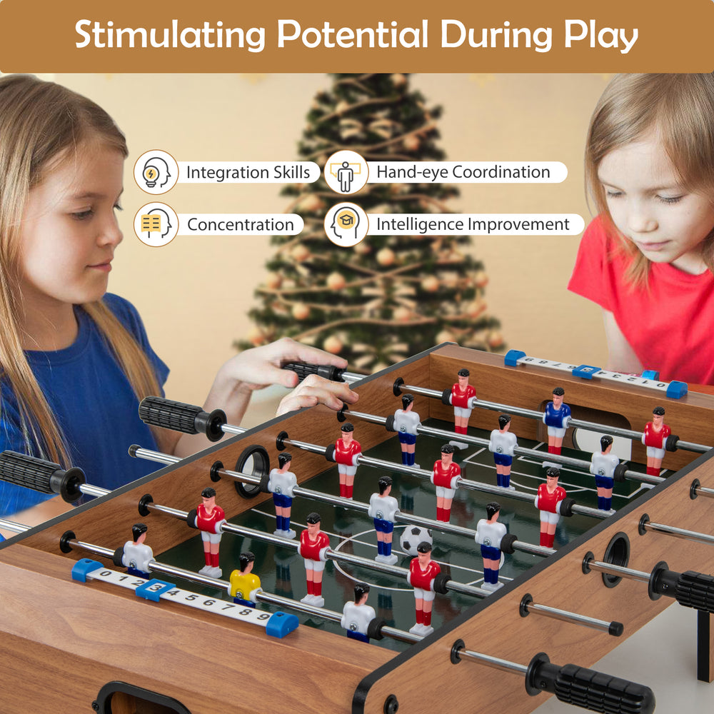 27-inch foosball table with ergonomic handles, designed for safe play and skill development during group activities.