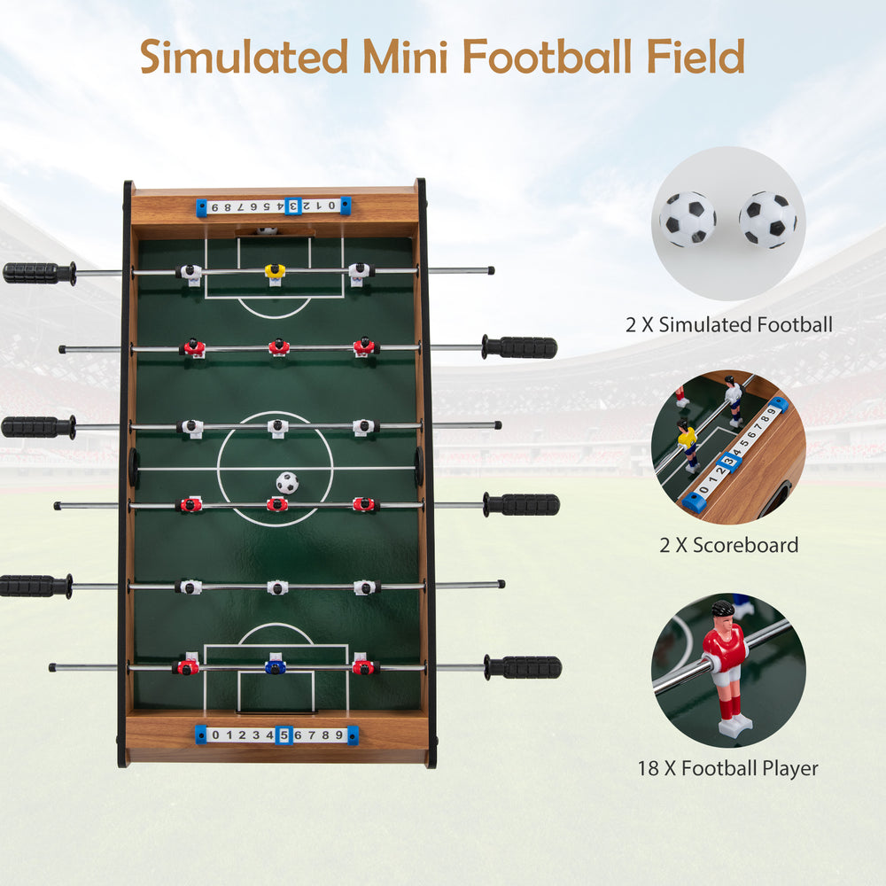 Mini foosball table with 18 players, 2 scoreboards, and 2 simulated footballs for tabletop soccer fun.