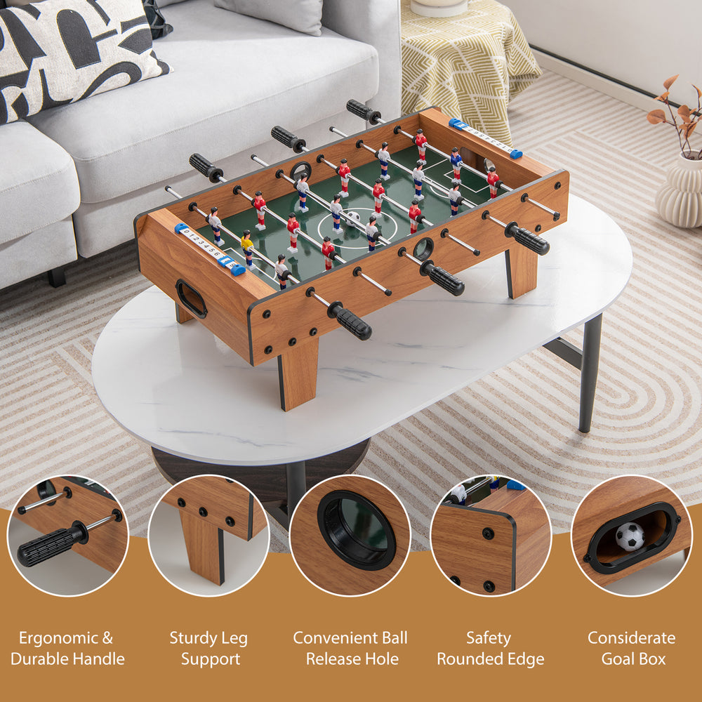 27-inch foosball table with ergonomic handle and safety rounded edges, perfect for kids' games and group activities.