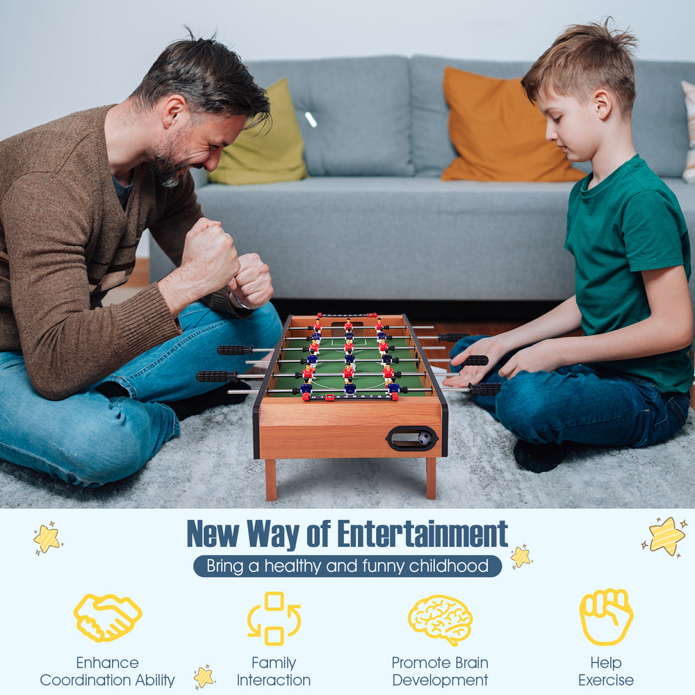 27-inch indoor foosball table with strong wood construction, featuring red and yellow players for family fun and.
