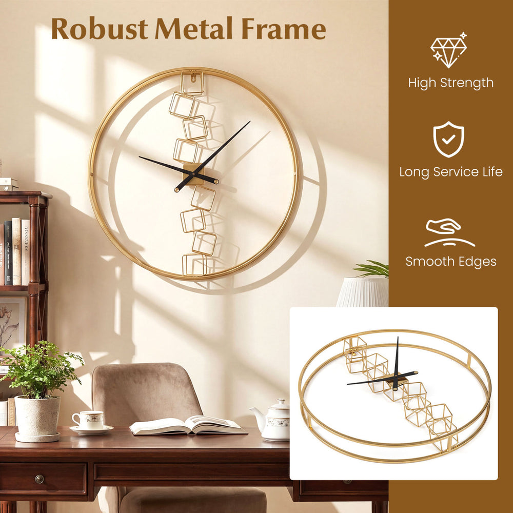 Large 27-inch yellow wall clock with robust metal frame, smooth edges, and quartz movement for living room or kitchen.