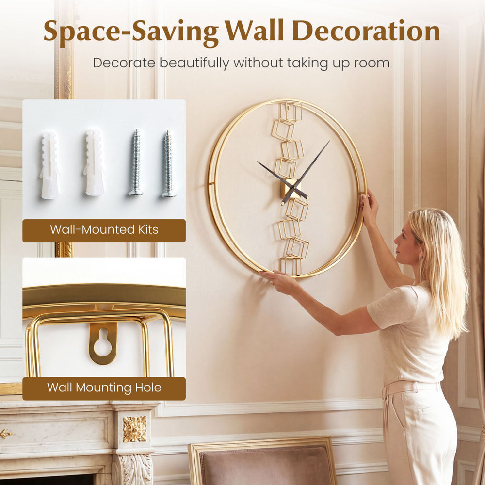 27-inch yellow wall clock with robust metal frame and wall-mounted kits, perfect for living room or bedroom decoration.