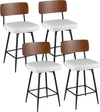 Set of 4 white padded counter barstools with metal legs and curved wooden backrests, perfect for kitchens and dining.