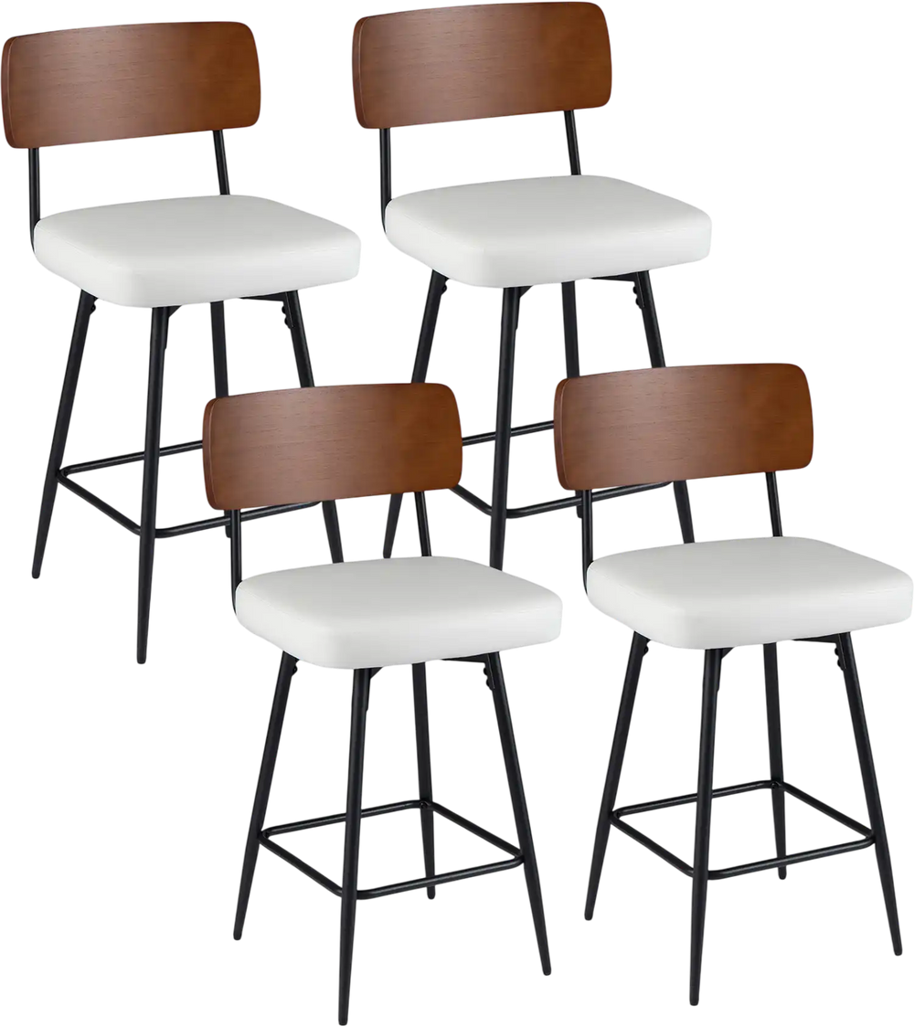 Set of 4 white padded counter barstools with metal legs and curved wooden backrests, perfect for kitchens and dining.