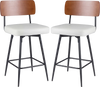 Set of 2 white padded counter barstools with metal legs and curved wooden backrest for kitchen or dining room use.