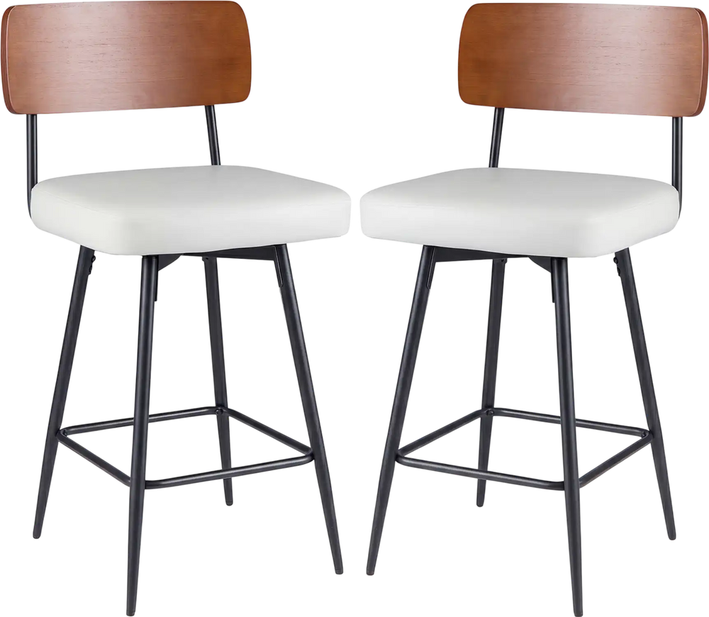 Set of 2 white padded counter barstools with metal legs and curved wooden backrest for kitchen or dining room use.