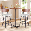Set of 2 white padded counter barstools with metal legs and curved wooden backrests, perfect for kitchen or dining.