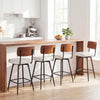 Set of two 27-inch padded counter barstools with metal legs and curved wooden backrest, perfect for kitchen or dining.