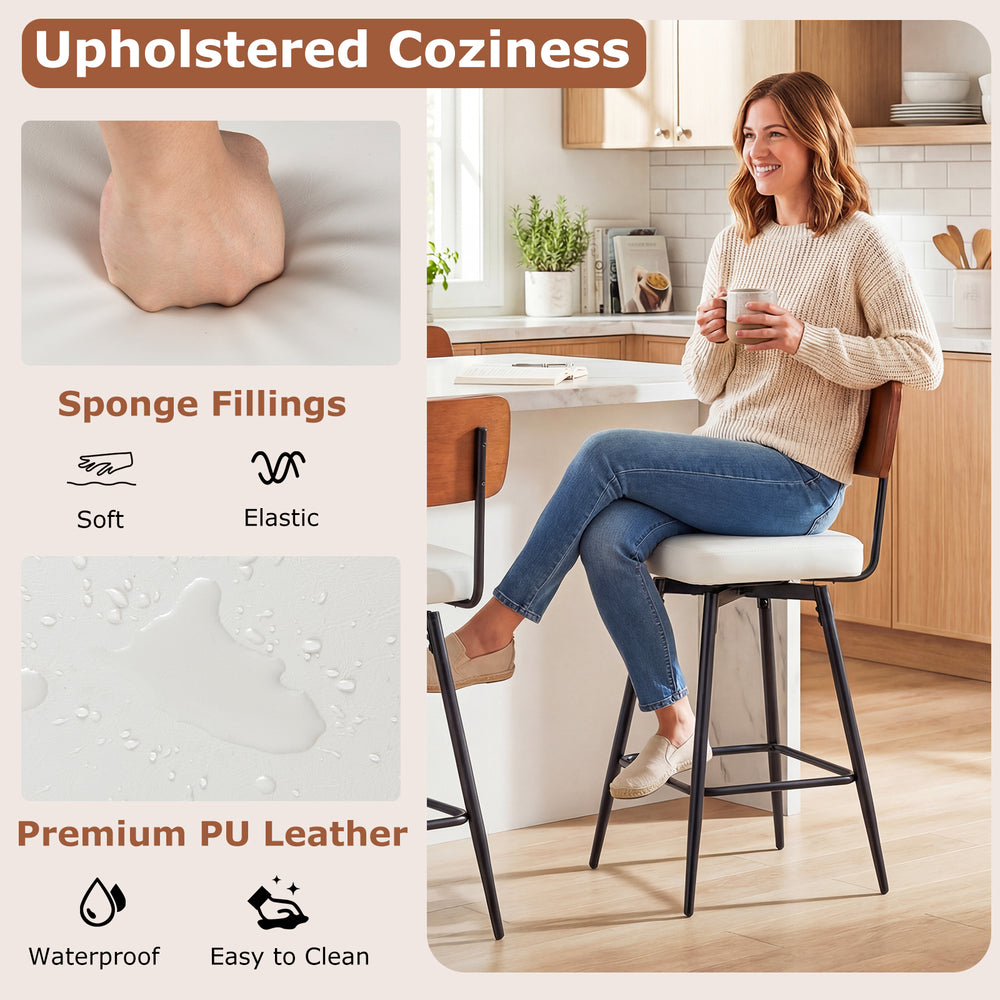 Padded counter barstool with metal legs, featuring waterproof PU leather and thick sponge padding for comfort.