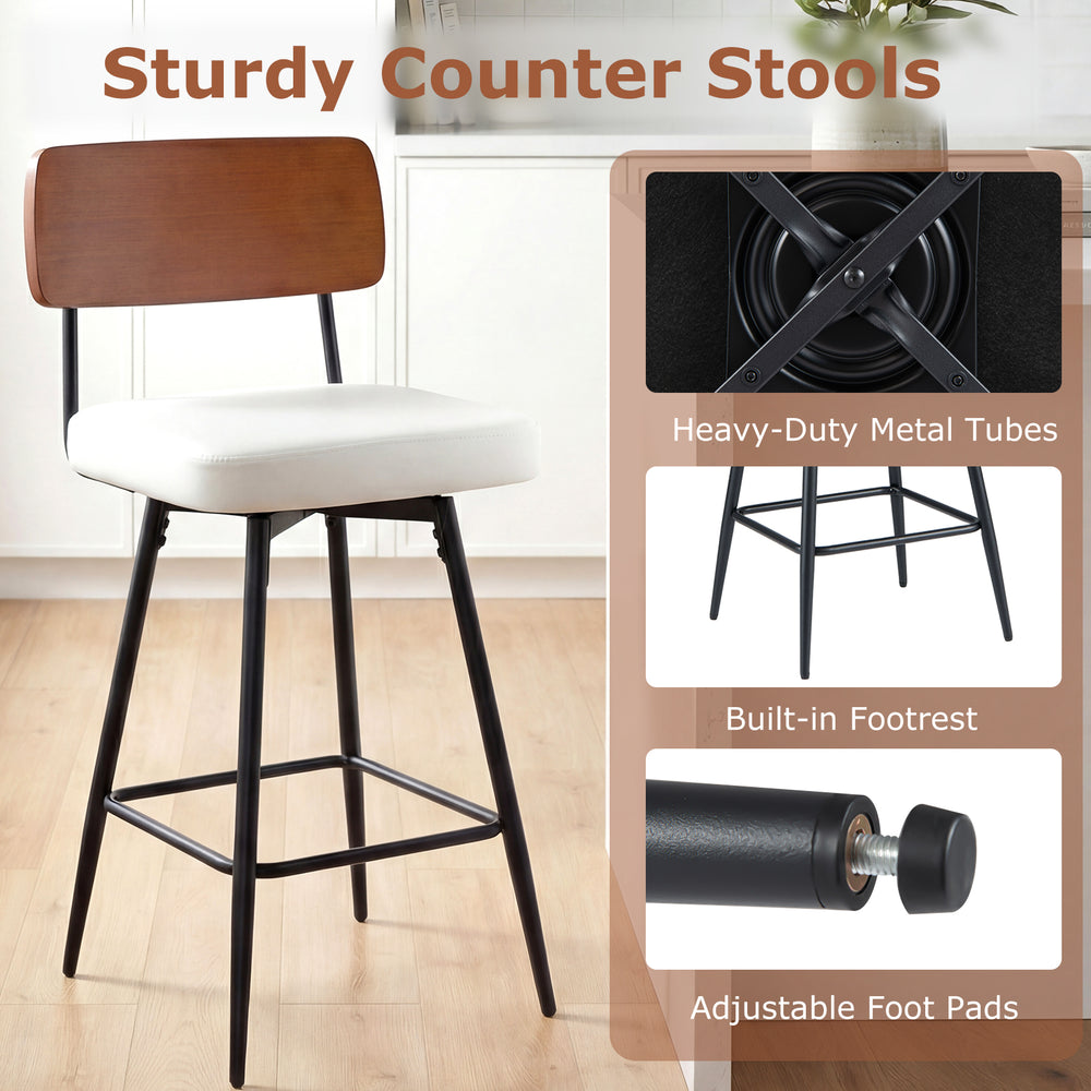 27-inch padded counter barstool set with metal legs, white upholstery, and curved wooden backrest for kitchen or bar.