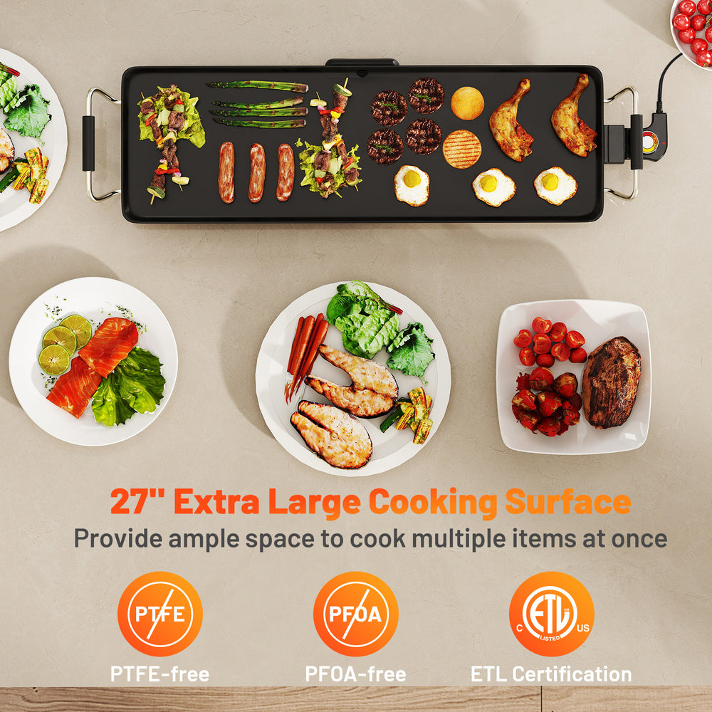 27" electric griddle with nonstick surface, adjustable temperature, and ample space for cooking multiple items at once.