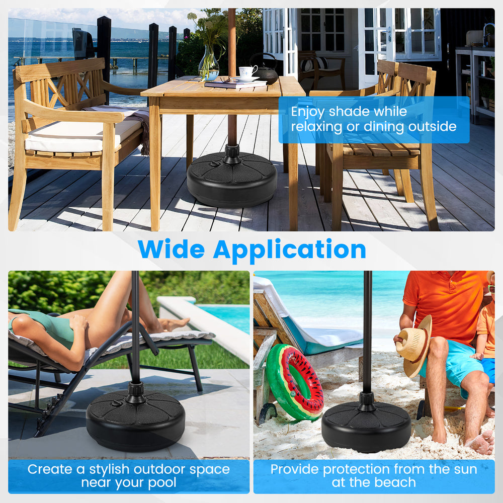 27 lbs fillable round umbrella base stand made of HDPE, designed for stability at patio, poolside, or beach settings.
