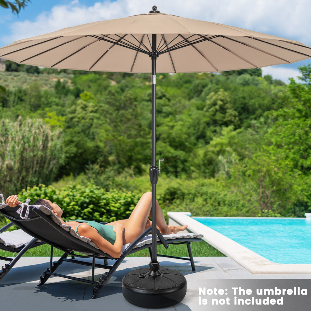 Fillable round umbrella base stand made of durable HDPE, designed for stability at poolside or patio settings.