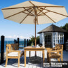 Fillable round umbrella base stand made of HDPE, designed for stability at patio or poolside, with storage groove.