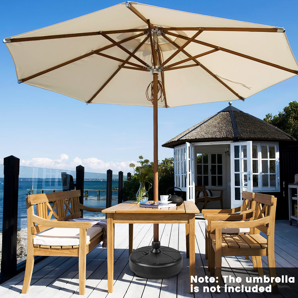 Fillable round umbrella base stand made of HDPE, designed for stability at patio or poolside, with storage groove.
