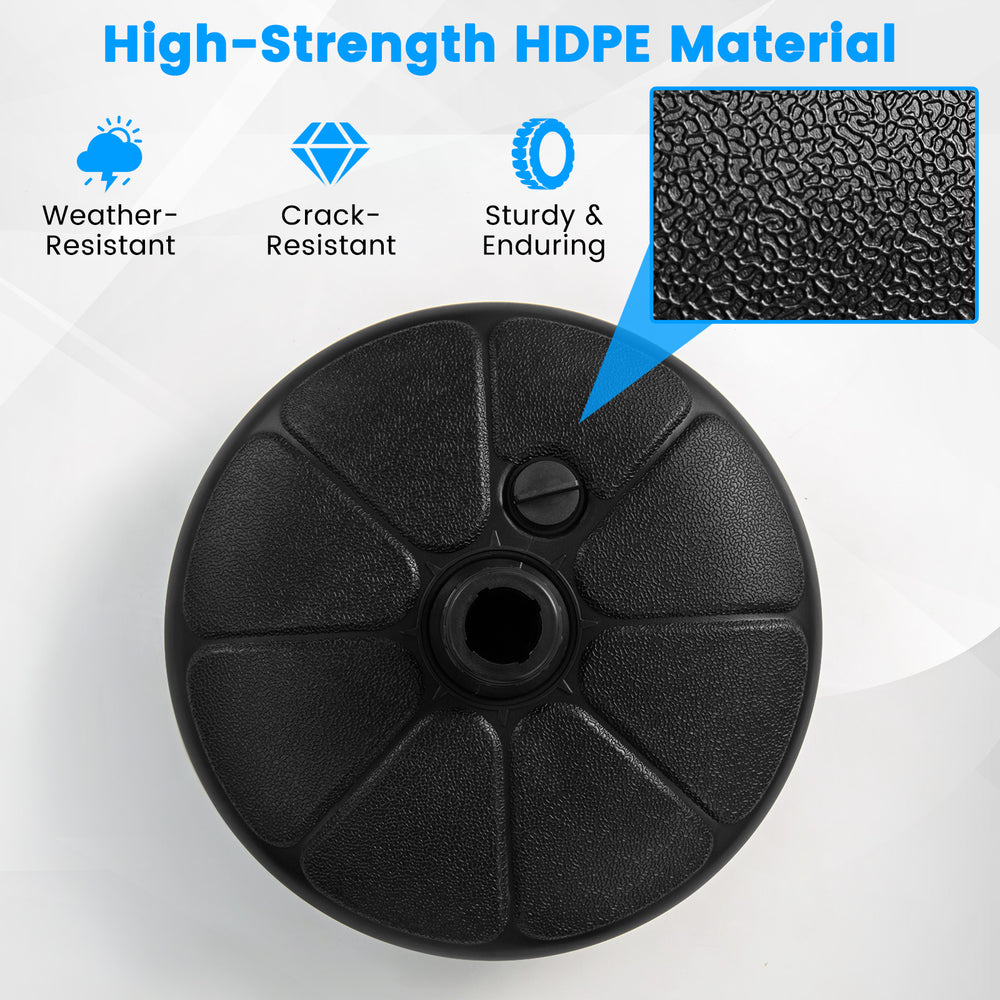 Close-up of the 27 lbs fillable round umbrella base stand made of high-strength HDPE material for outdoor stability.