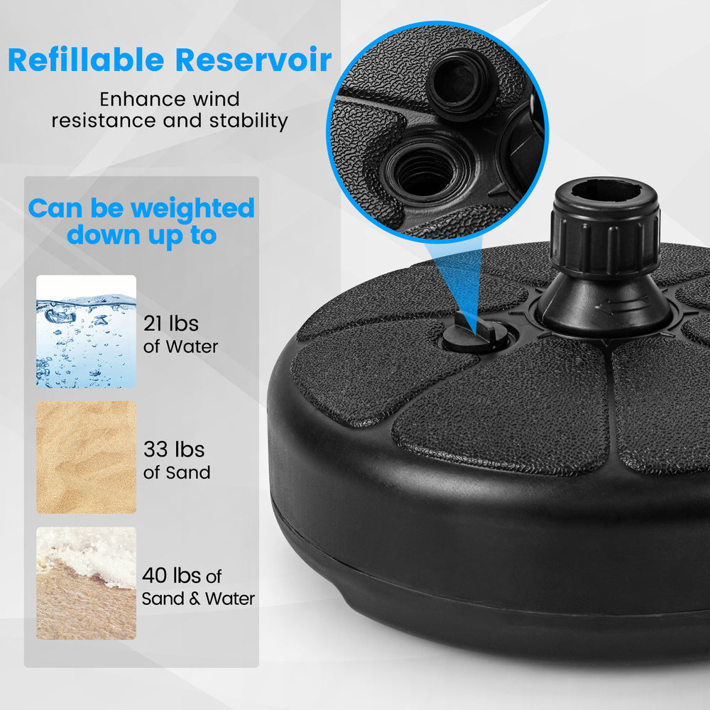 Close-up of the refillable reservoir on the 27 lbs umbrella base stand, enhancing wind resistance and stability.
