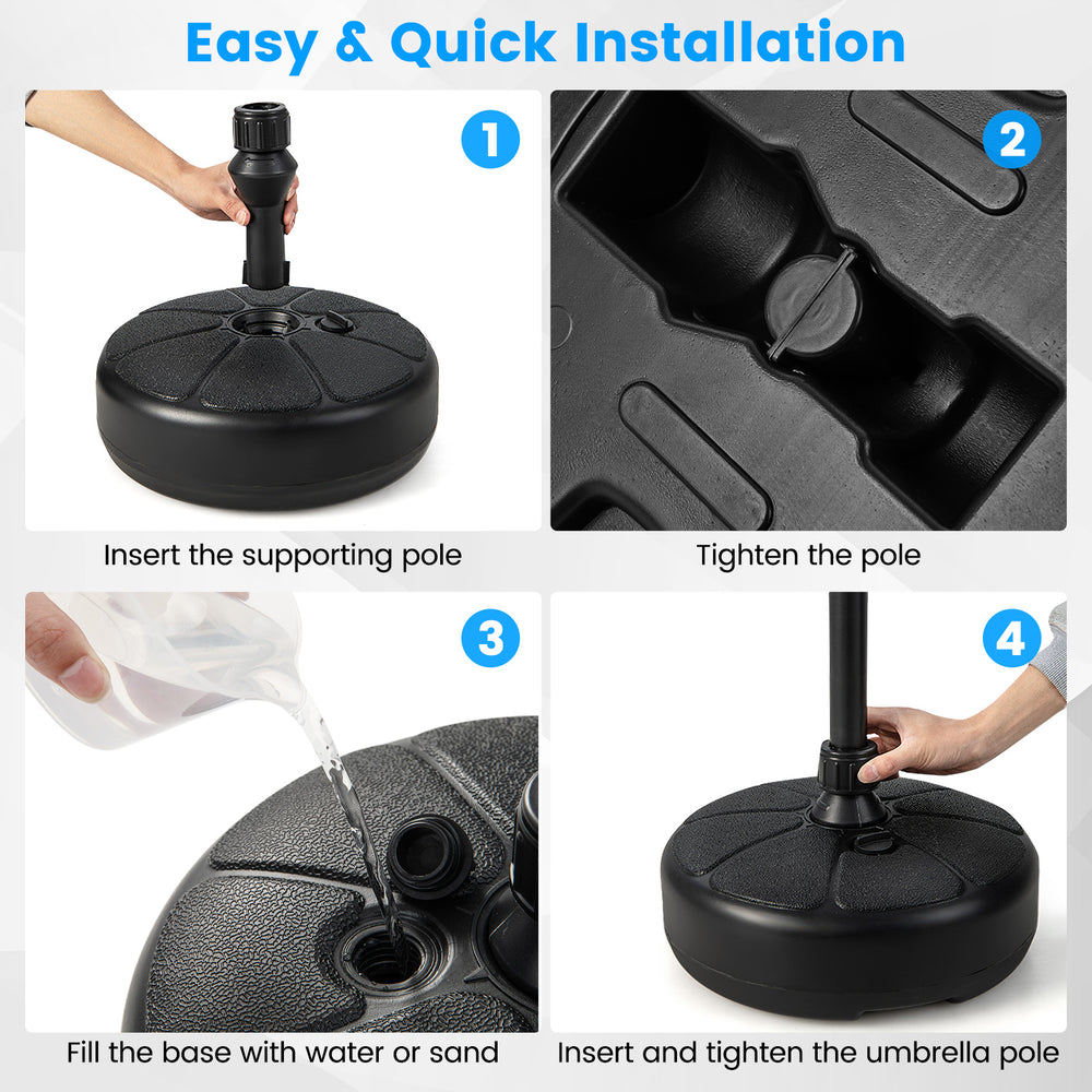 Fillable round umbrella base stand with a large reservoir for sand or water, designed for stability in outdoor settings.