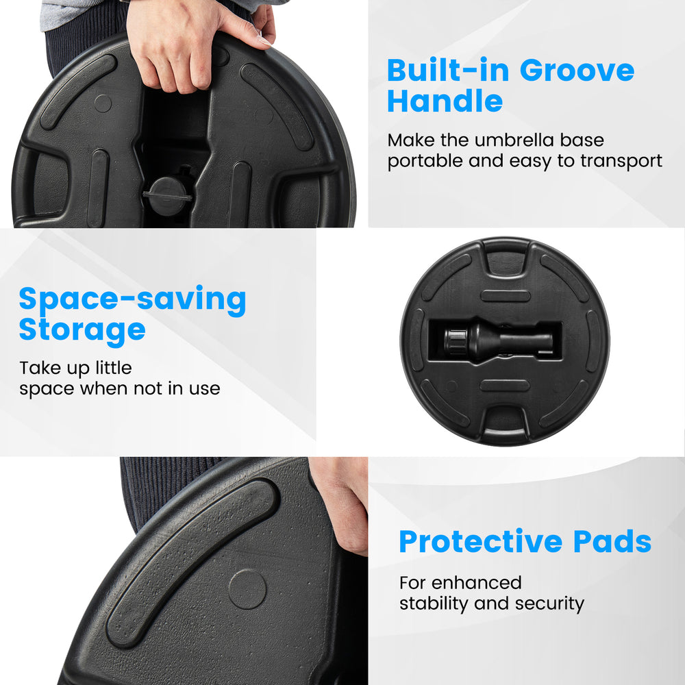 Fillable round umbrella base stand with protective pads, portable handle, and space-saving storage for outdoor use.