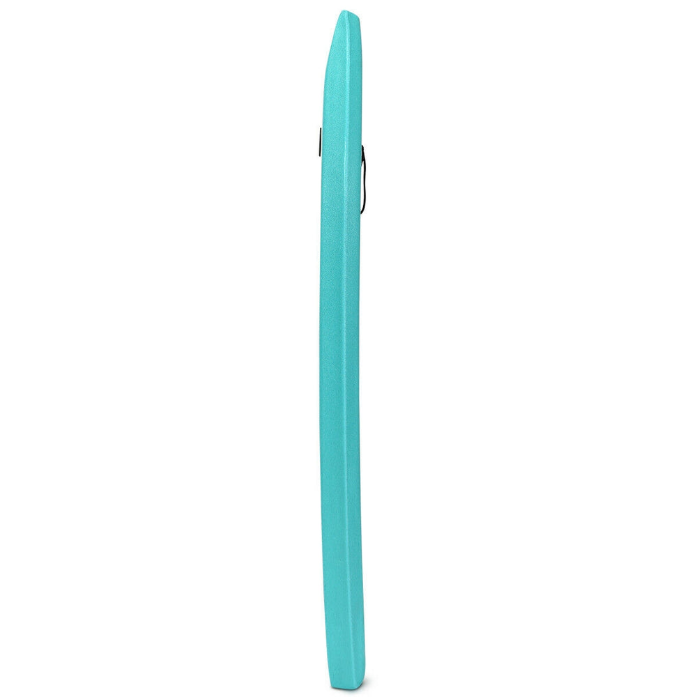 Lightweight turquoise bodyboard with EPS core and XPE deck, designed for surfing and easy transport.