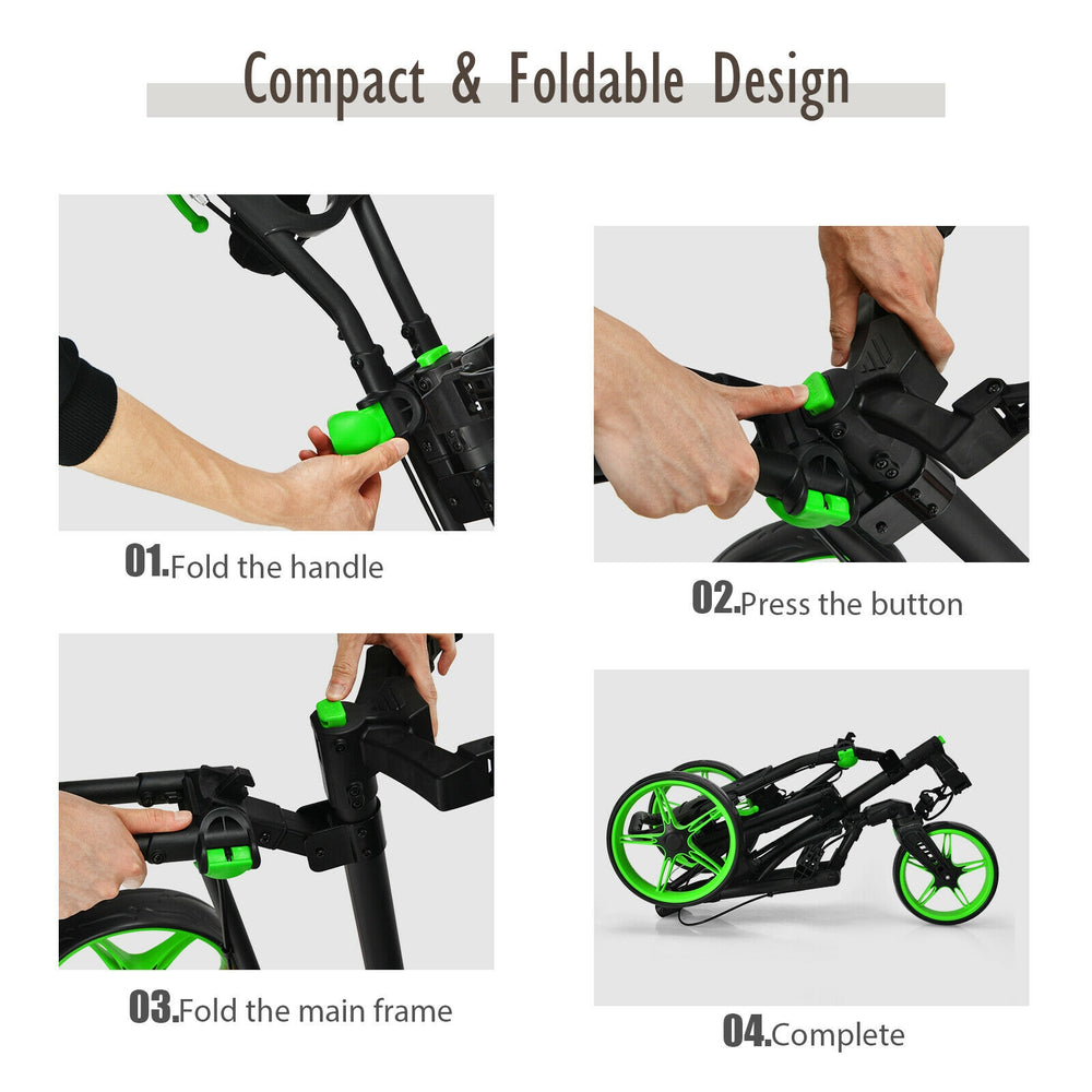 Folding golf push cart showcasing compact design steps, featuring adjustable handle and swivel wheels for easy storage.