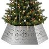 Metal hexagonal Christmas tree collar in silver, featuring intricate designs, fits up to 10 ft trees and hides stands.