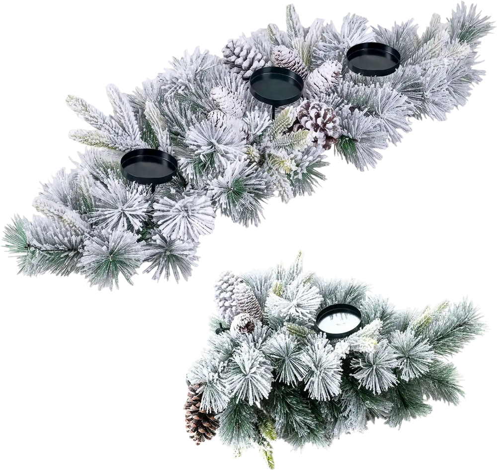28" foldable Christmas centerpiece showcasing a snowy arrangement of pine needles and three candle holders for festive elegance.