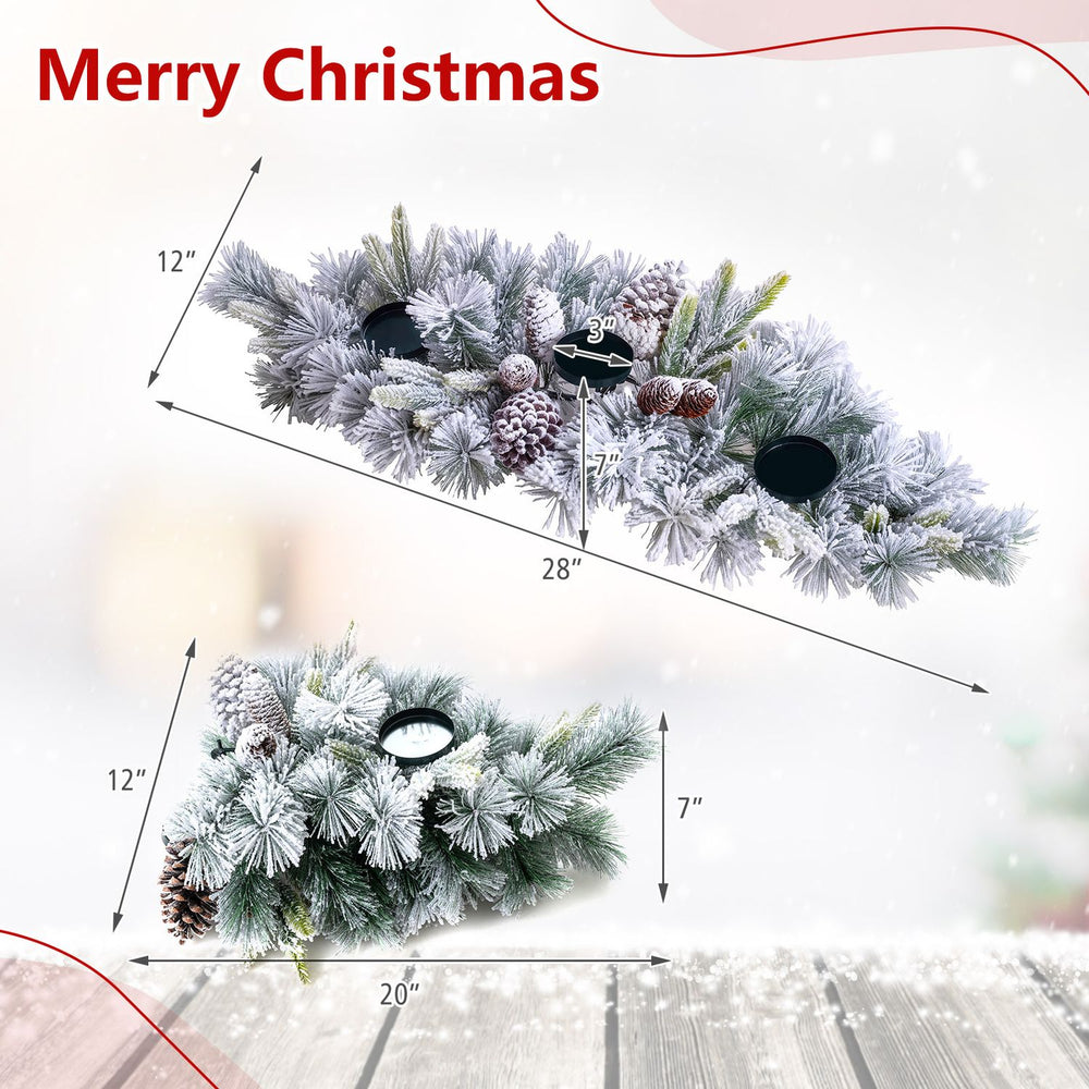 28" foldable Christmas centerpiece featuring 3 candle holders, PVC pine needles, and 6 natural pine cones for festive decor.