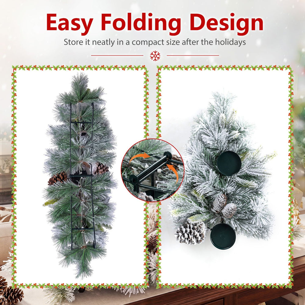 Foldable 28" Christmas centerpiece with PVC pine needles, 3 candle holders, and 6 natural pine cones for festive decor.