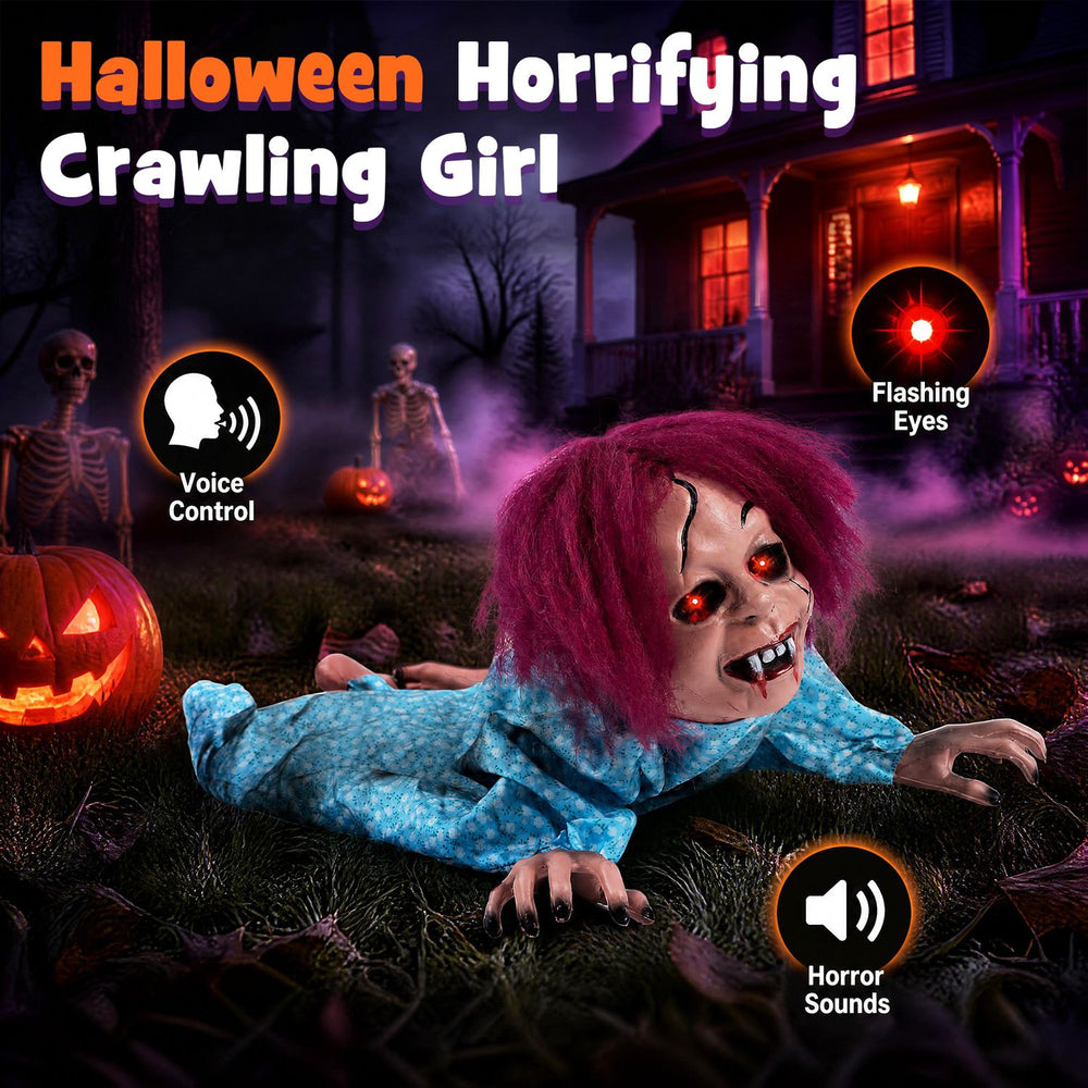 28" Halloween Horrifying Crawling Girl features voice control, flashing red eyes, and horror sounds for spooky settings.