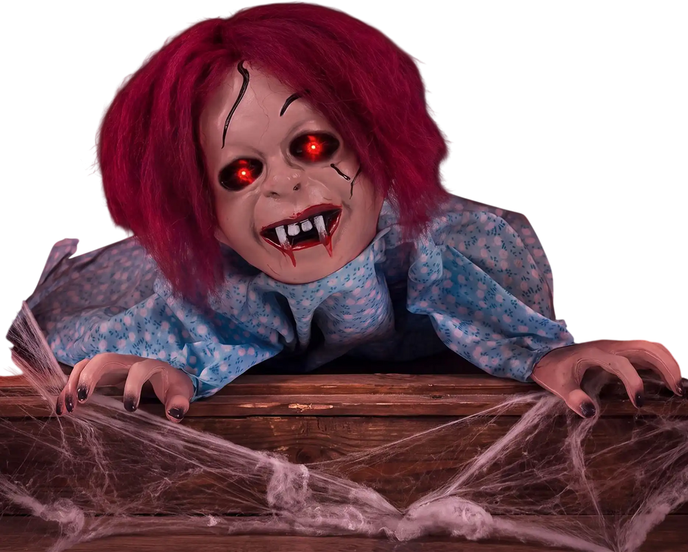 Creepy 28" Halloween crawling girl prop with flashing red eyes and realistic hair, perfect for haunted houses and parties.