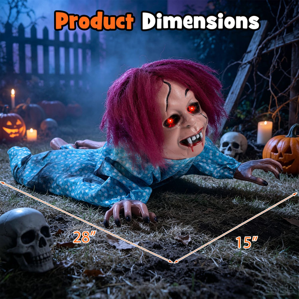 Creepy 28" Halloween Crawling Girl prop features realistic hair, flashing red eyes, and unsettling motion for spooky decor.