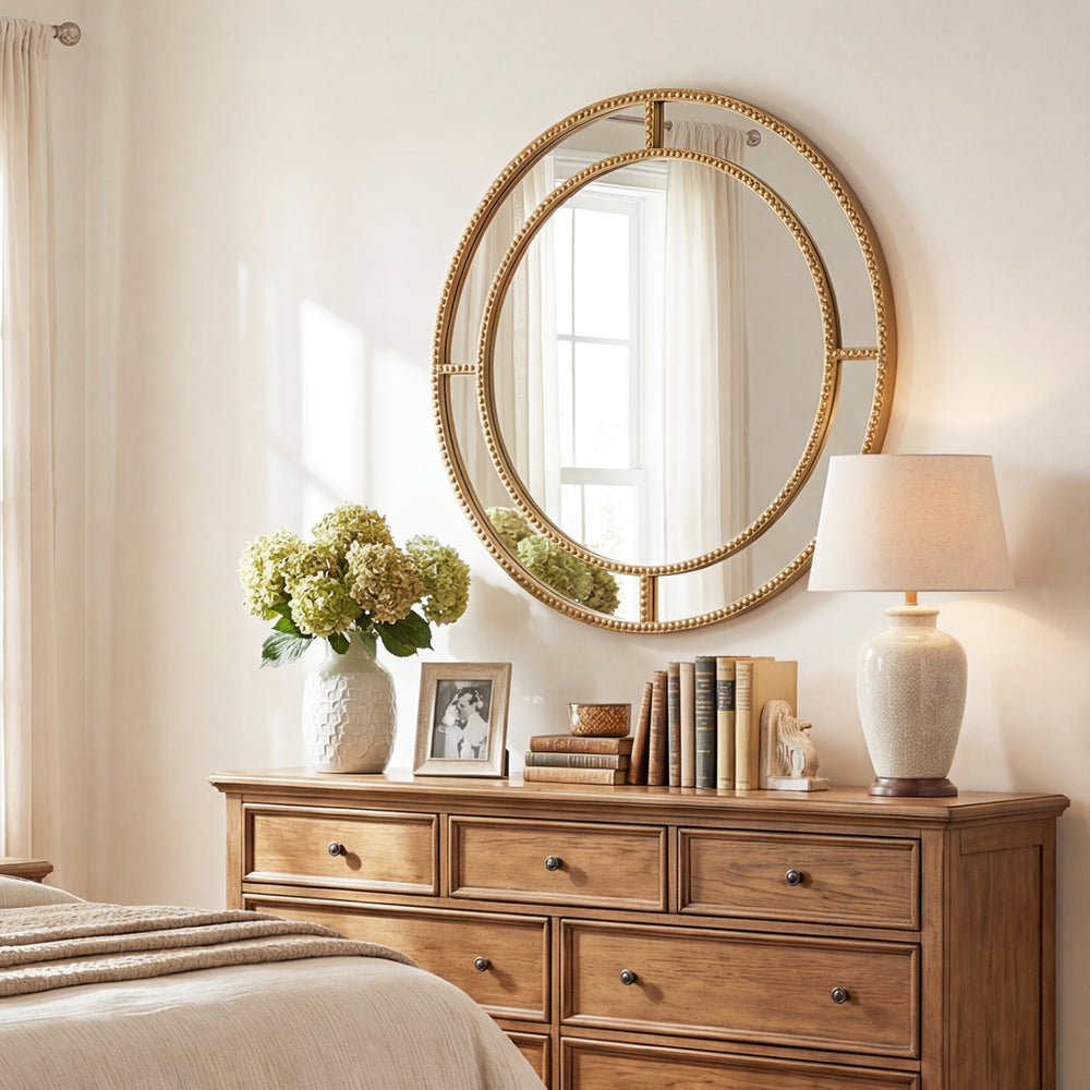 Gold round wall mirror with beaded frame, 28 inches, enhancing elegance in living room or entryway decor.