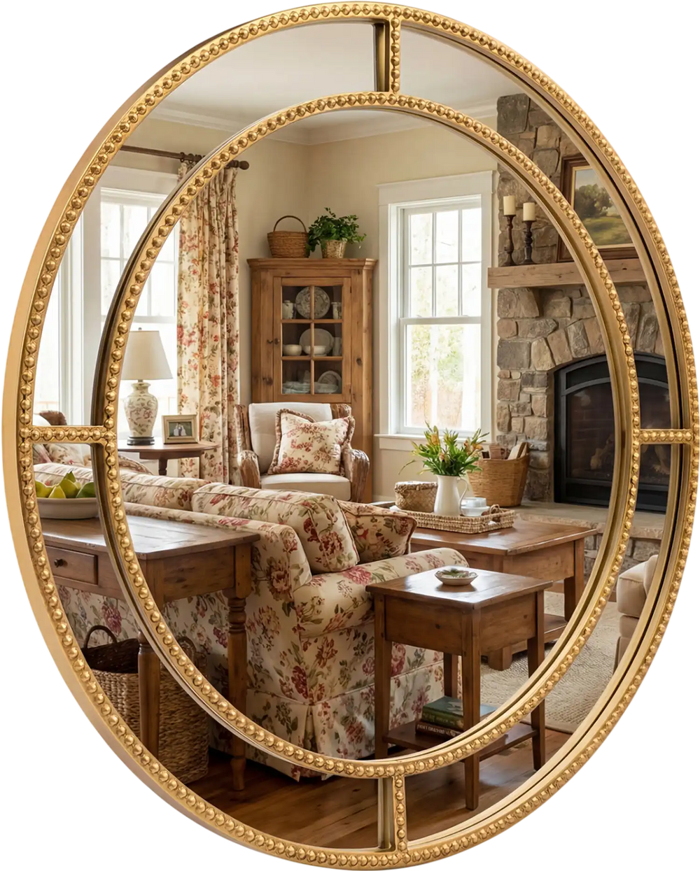 28-inch gold round wall mirror with beaded frame, perfect for adding elegance to living rooms or entryways.