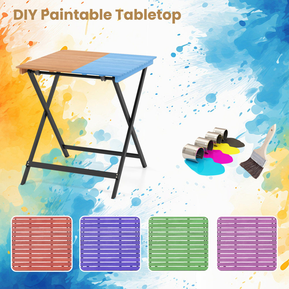28-inch patio folding square table with slatted acacia wood tabletop, DIY paintable for versatile indoor and outdoor.