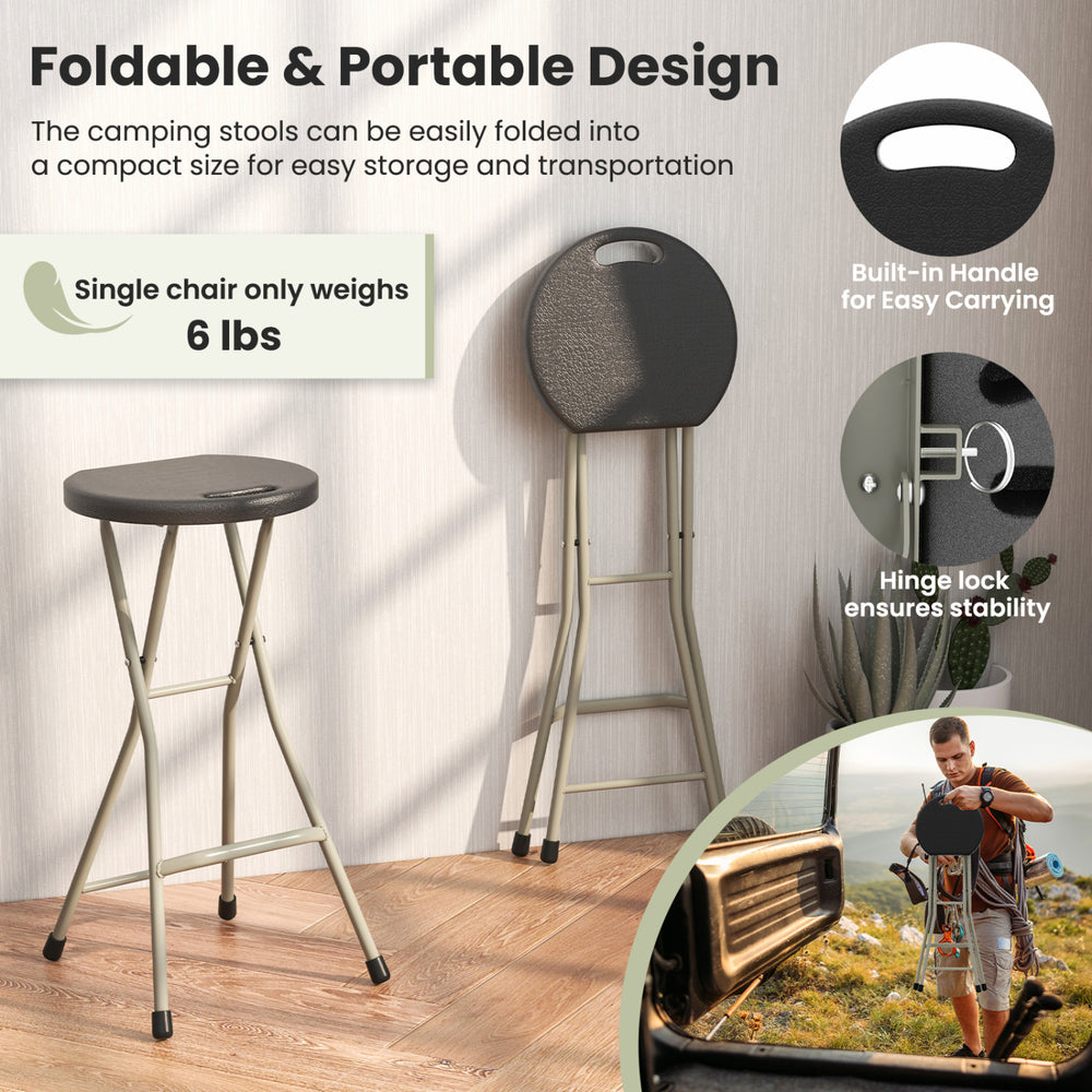 Portable 28-inch folding stool with a sturdy steel frame, lightweight design, and built-in handle for easy transport.