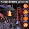 28-inch portable black fire pit on wheels with log grate, ideal for heating and barbecues at gatherings or parties.