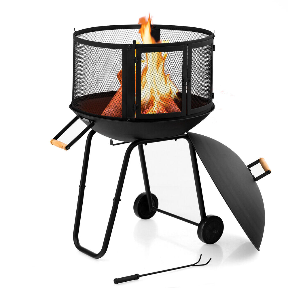 28-inch portable fire pit on wheels with log grate, black steel frame, ideal for heating or barbecue in outdoor.